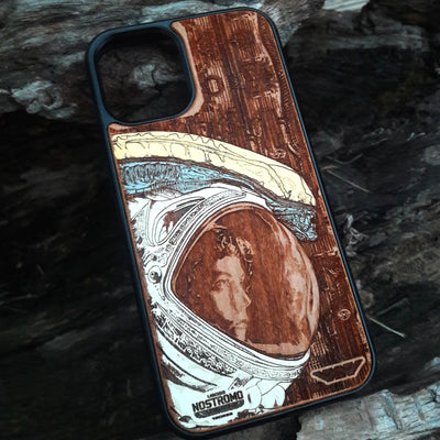Wooden phone case featuring a laser-engraved Celtic tree design, compatible with iPhone  and Galaxy