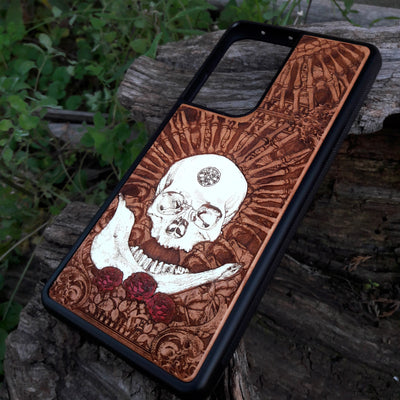Laser-engraved Celtic Tree of Life design on a wooden phone case, compatible with iPhone and Samsung Galaxy