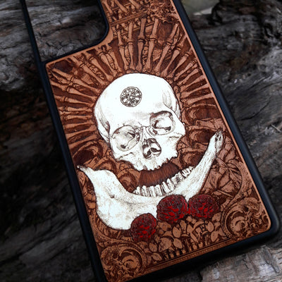 Laser-engraved Celtic Tree of Life design on a wooden phone case, compatible with iPhone and Samsung Galaxy