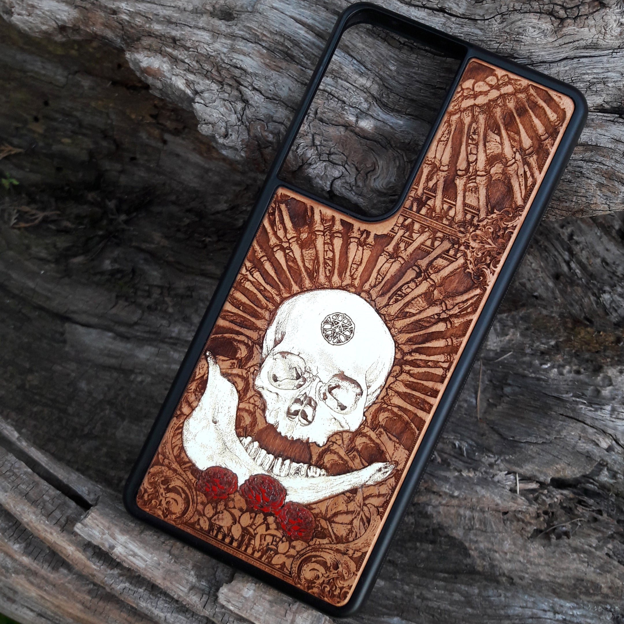 iPhone & Samsung Galaxy Wood Phone Case - Skeleton Artwork "Bone Tomahawk" Hand Painted