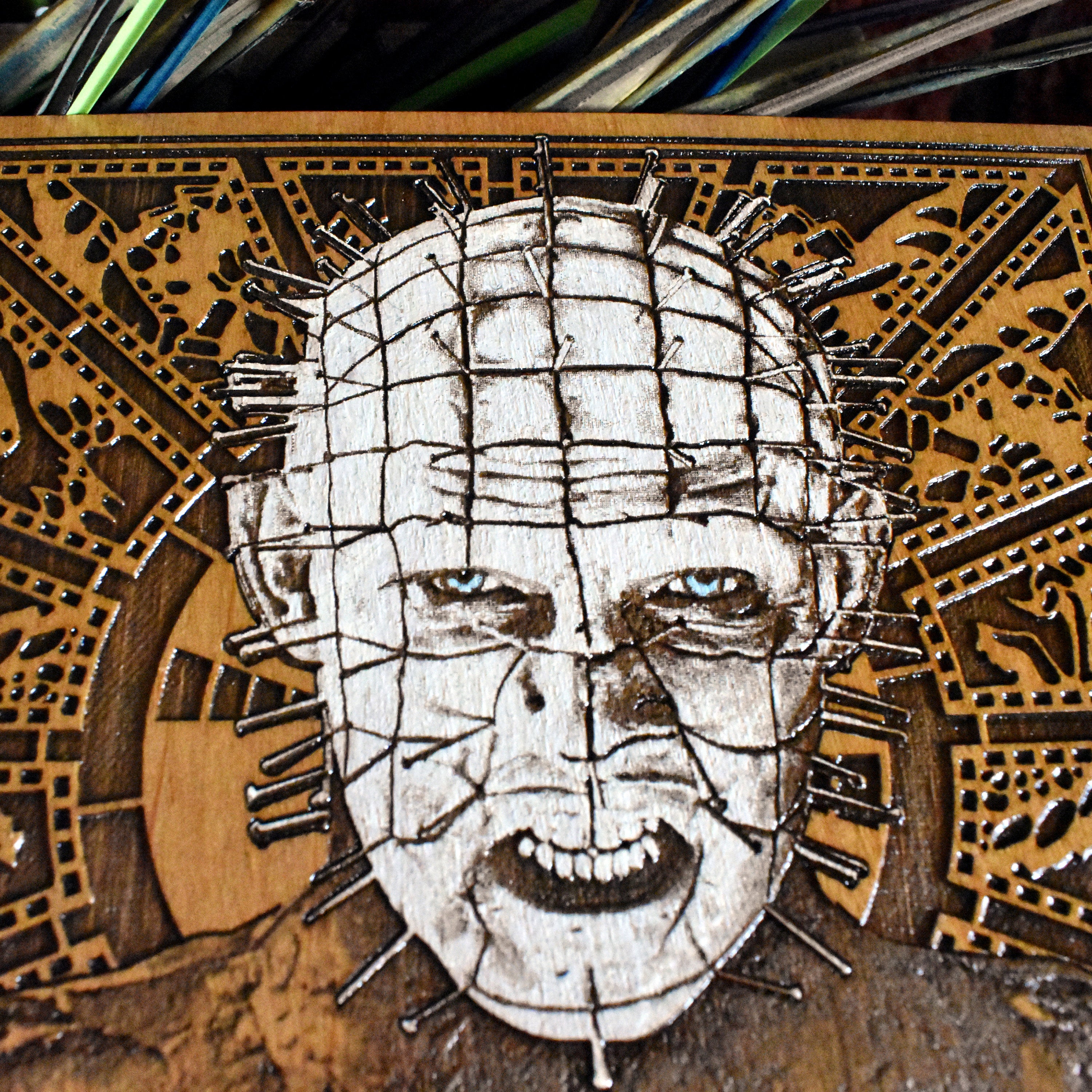 Pinhead horror wall art on wood, a must-have for Hellraiser movie collectors.