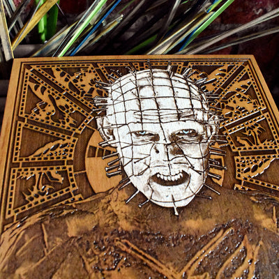 Engraved wooden Pinhead portrait, perfect Halloween wall art or horror gift.