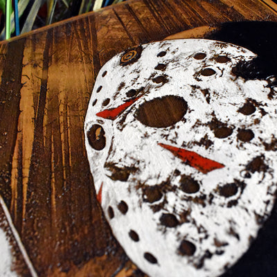 Unique horror wood painting featuring Jason, perfect Halloween decor