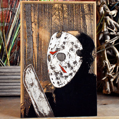 Hand-painted Jason Voorhees horror art on wood, unique horror wall decor