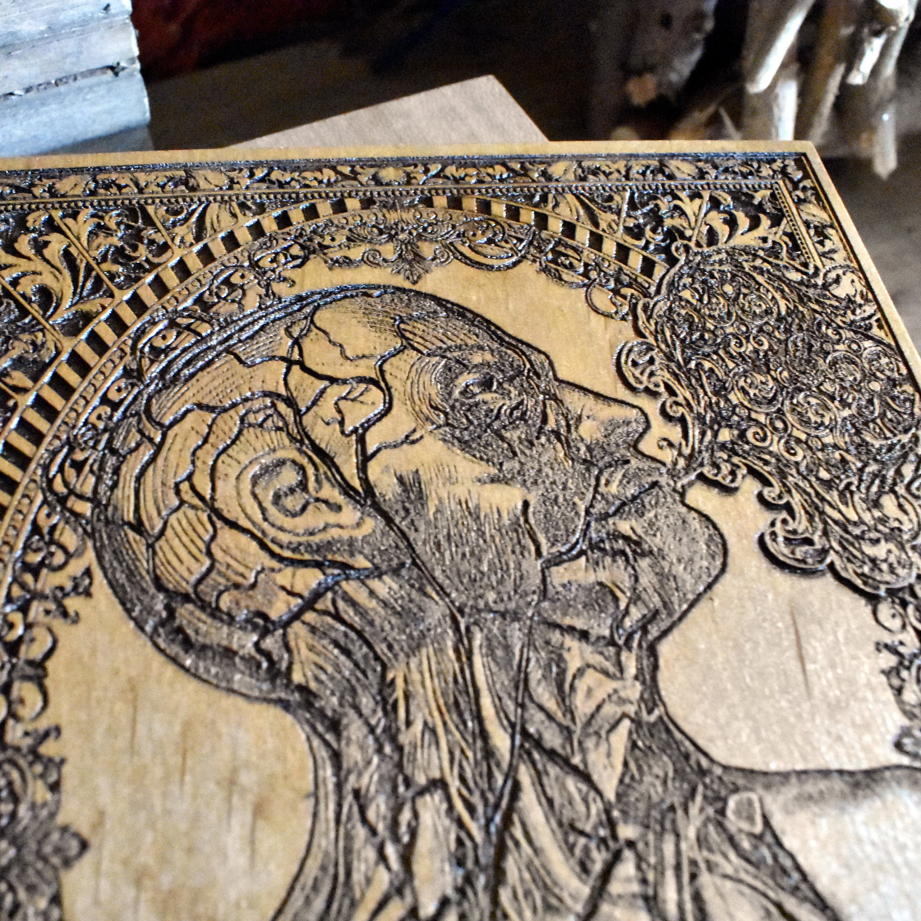Scientific wooden artwork - medical-themed engraving for office or home.