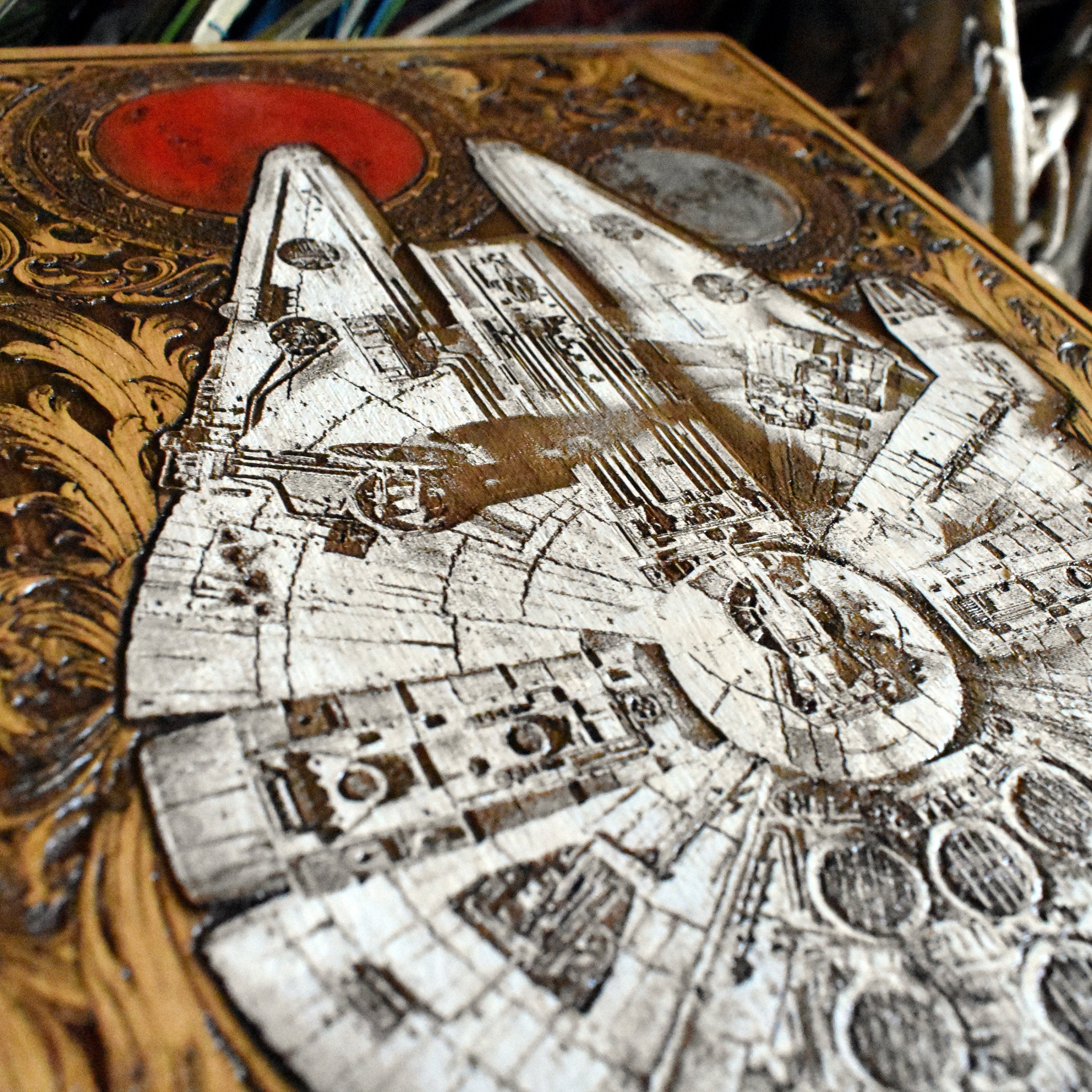 Millennium Falcon laser-carved and hand-painted wood panel, sci-fi decor.
