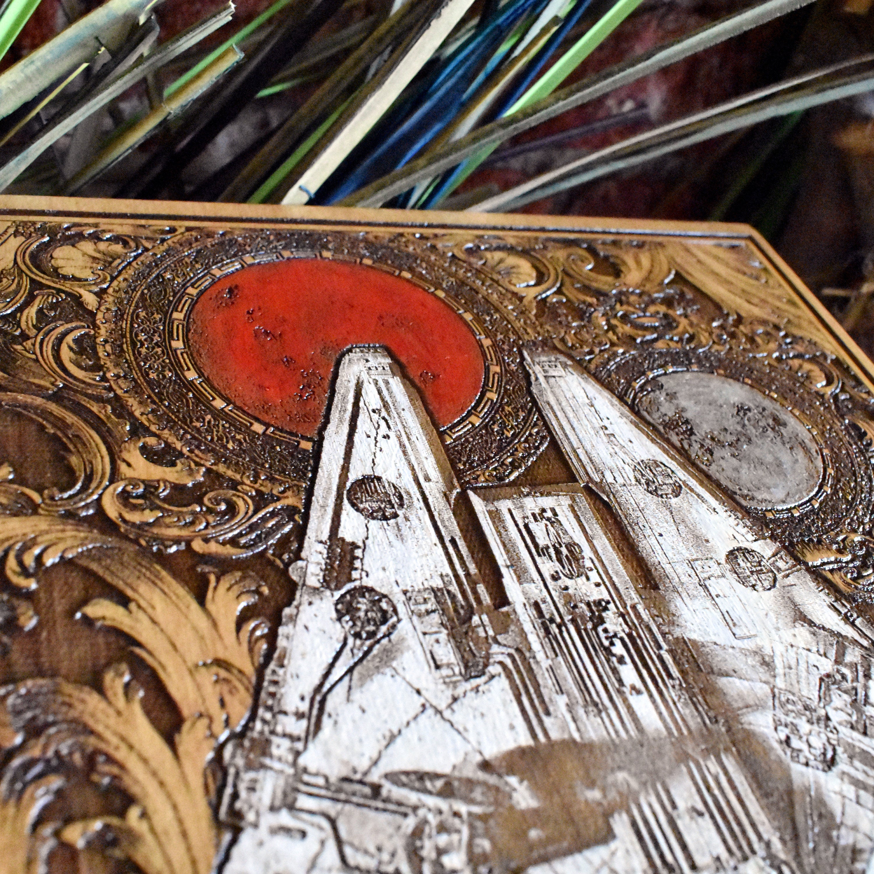 Detailed wood painting of Millennium Falcon, perfect for sci-fi fans.
