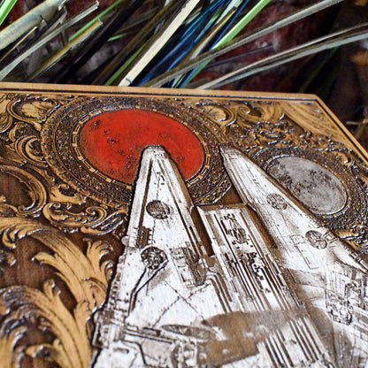 Detailed wood painting of Millennium Falcon, perfect for sci-fi fans.
