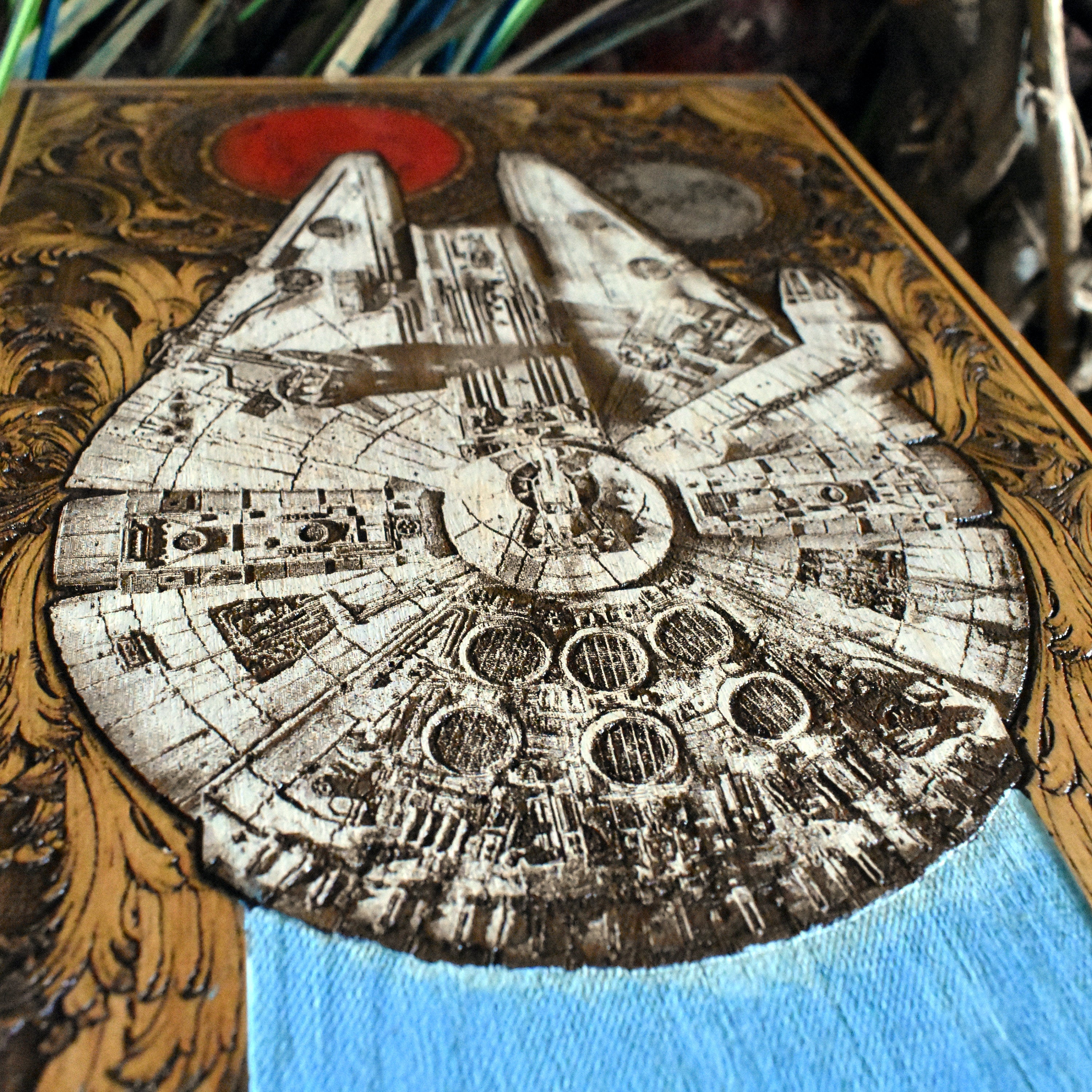 Unique Star Wars fan art – Millennium Falcon hand-painted on cherry wood.
