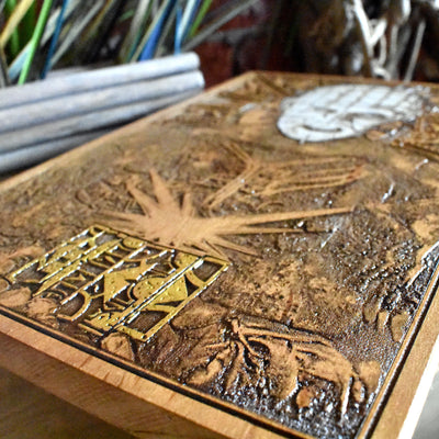 Custom gothic Pinhead wood decor, hand-painted for horror movie lovers.