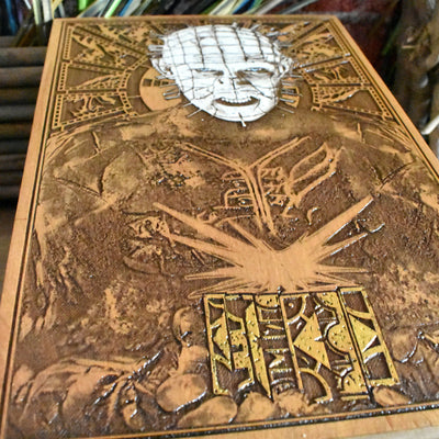 Hellraiser’s Pinhead horror villain art on real wood, hand-painted in detail.