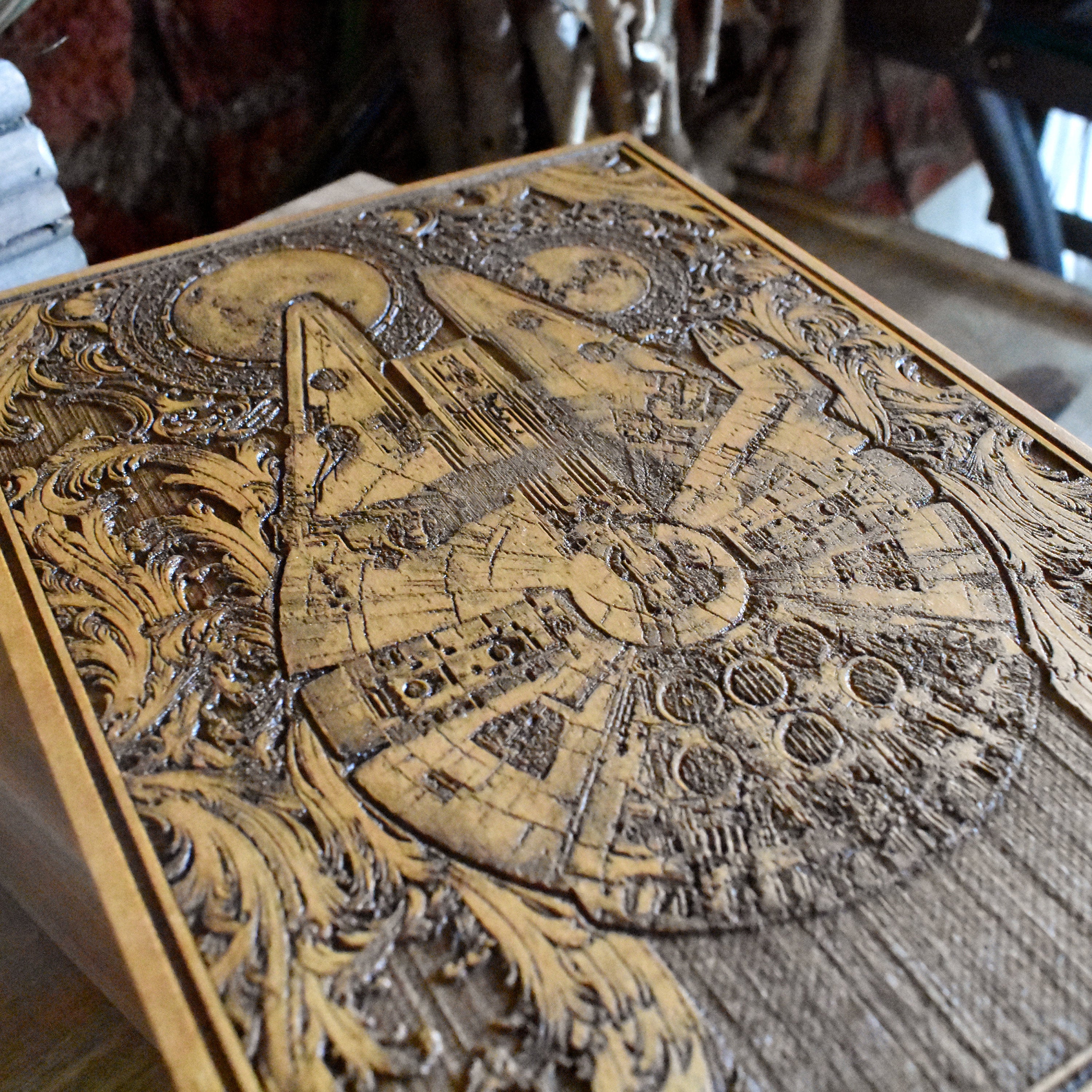 Engraved Millennium Falcon decor, rustic wooden Star Wars spaceship wall display