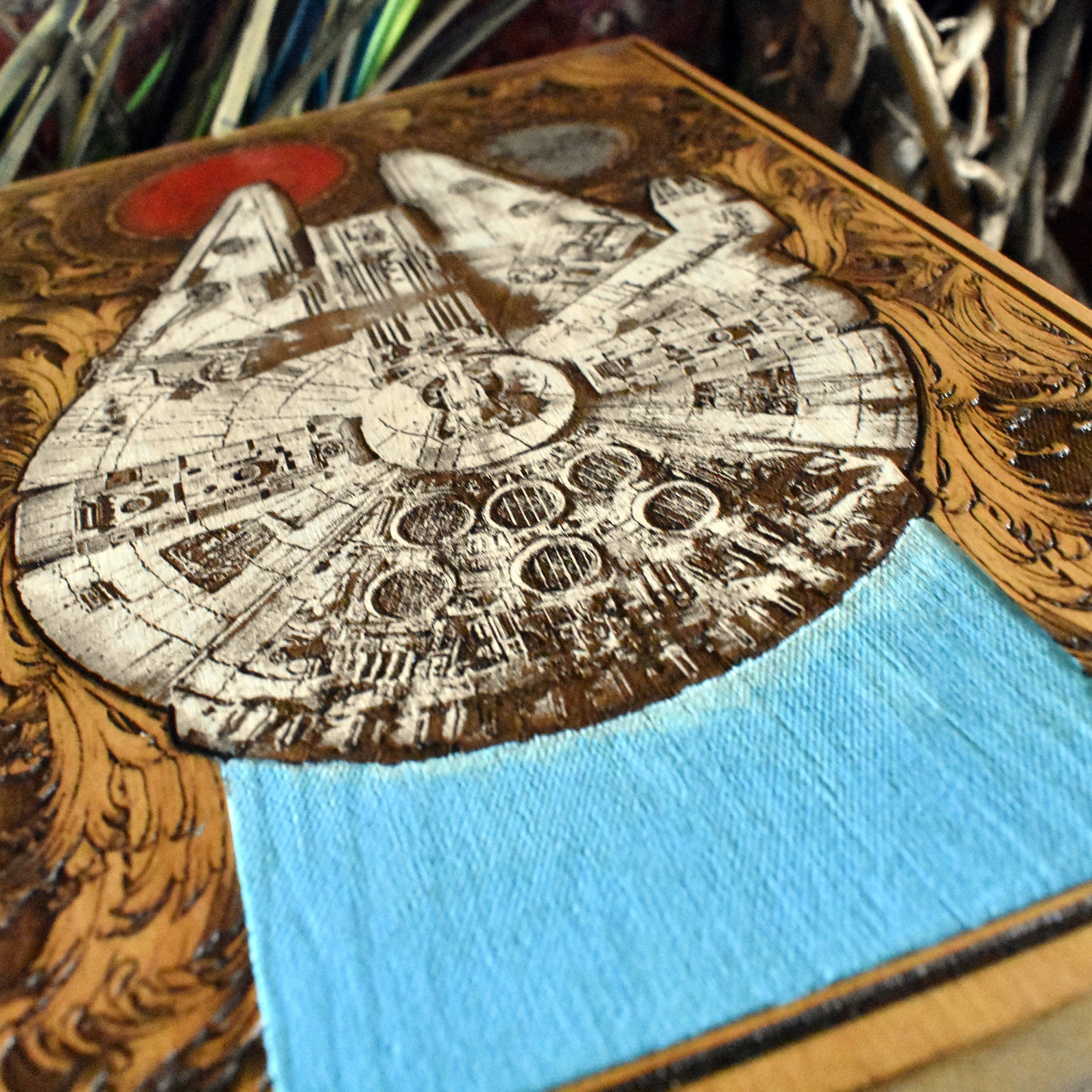Star Wars spaceship wood artwork, Millennium Falcon inspired design.