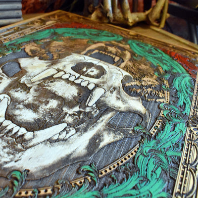 Bear skull art on thick maple wood, ideal for hunting lodge decor.