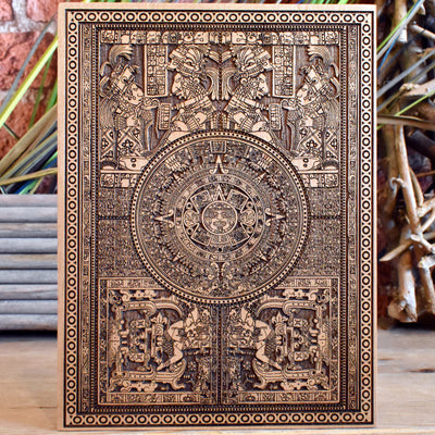 Handmade wooden artwork 'Aztec Calendar - Mini' – wood gift for 5 year anniversary, wedding present, gift for him or her, romantic handcrafted decor