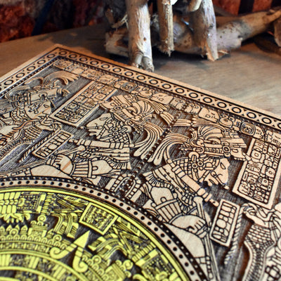 Laser-engraved Mayan calendar artwork with hand-painted details.
