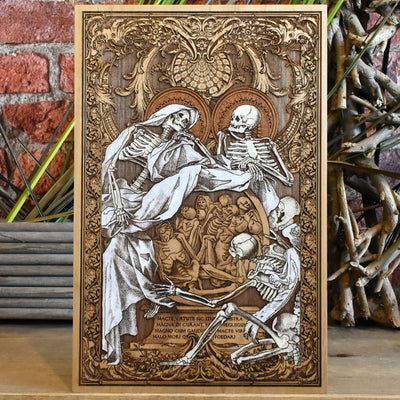 Hand-painted Memento Mori skeleton artwork on wood, gothic wall decor.