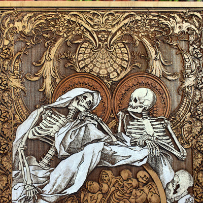 Dark souls-inspired skeleton painting on wood, macabre gothic art.