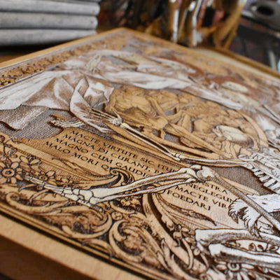 Macabre wooden skeleton painting, horror-inspired gothic home decoration.