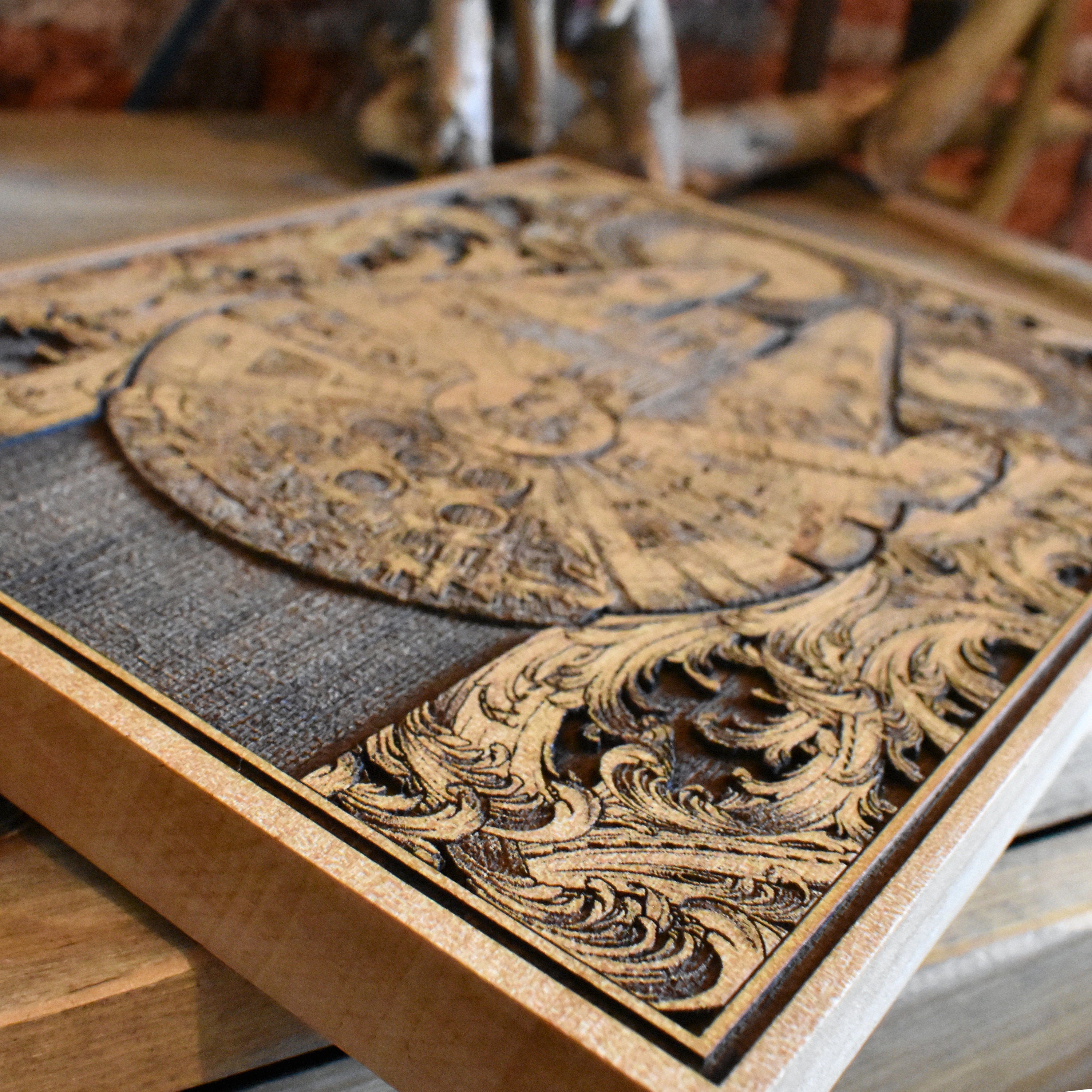 Star Wars-inspired wood art featuring the Millennium Falcon starship in stunning detail