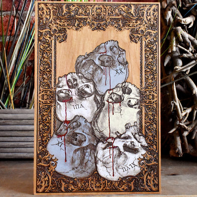 Hand-painted wood art featuring a gothic skull pile with Roman numerals