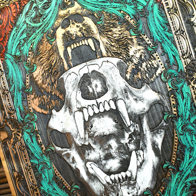 Gothic bear skull wall art, hand-painted on natural maple wood.