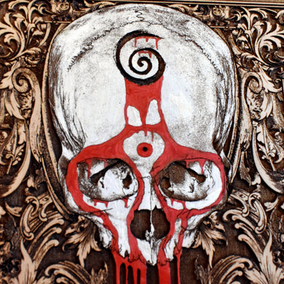 Gothic skull hourglass artwork hand-painted on wood, with blood flowing between two skulls.