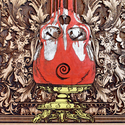 Dark anatomical skull hourglass design engraved on wood, gothic-themed wall decor.