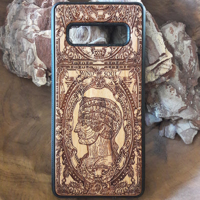 Wooden phone case with gothic skull and skeleton design, handcrafted for iPhone , iPhone 15, Samsung Galaxy S, and more. Unique, durable, and perfect for fans of gothic and dark fantasy art.