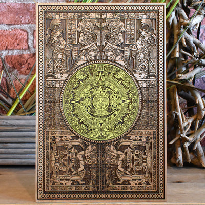 Hand-painted Aztec calendar on engraved wood, detailed Mayan wall art.
