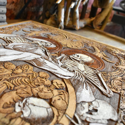 Gothic hand-painted skeleton wall art, inspired by Memento Mori and death.