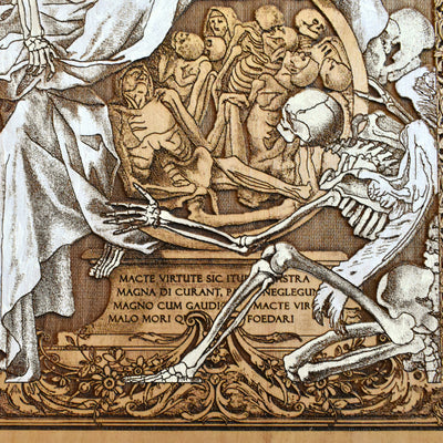 Skeleton artwork on wood, unique gothic anniversary gift for men.