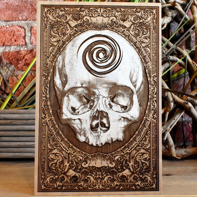 Hand-painted skull gothic art on wood – dark macabre wall decor