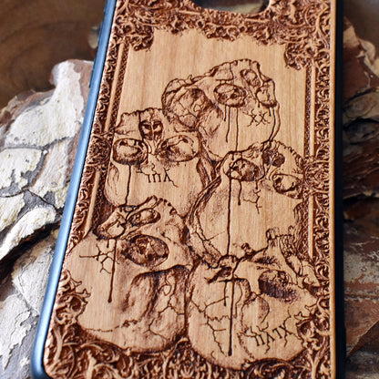 Wooden phone case with intricately carved skull design, ideal for iPhone 16, Samsung Galaxy S25, Note 20, and more. A unique gothic accessory offering durable protection with artistic detail.