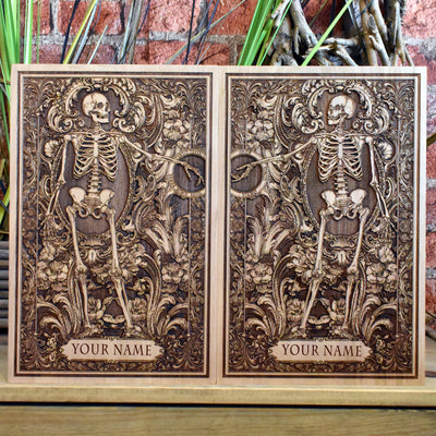 Gothic skull couple wall art engraved on wood with 'Until Death Tear Us Apart'.