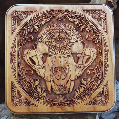 Handmade wooden wireless charging station with laser-engraved dark art design, perfect for modern desks.