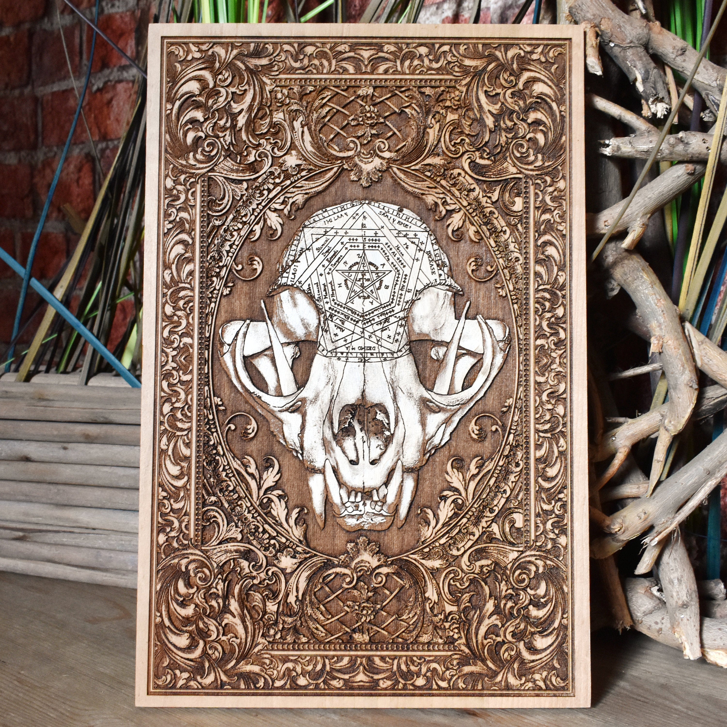 Hand-painted cat skull on wood with dark gothic tones, perfect for skull art lovers.