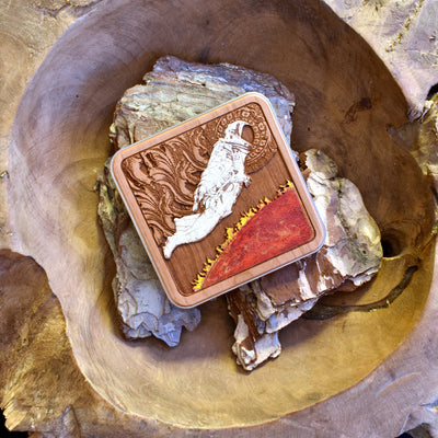 Side view of wood wireless charger for iPhone & Samsung, modern desk charging pad with fast charging capability and unique hand-painted design