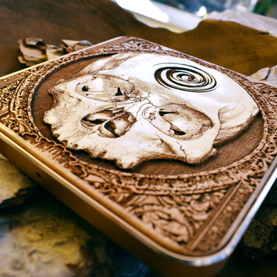 Gothic skull wireless charger on dark aesthetic workspace, compatible with Galaxy S25 and iPhone 16.