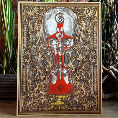 Gothic skull and clock engraving with “Tempus Edax Rerum” on maple wood