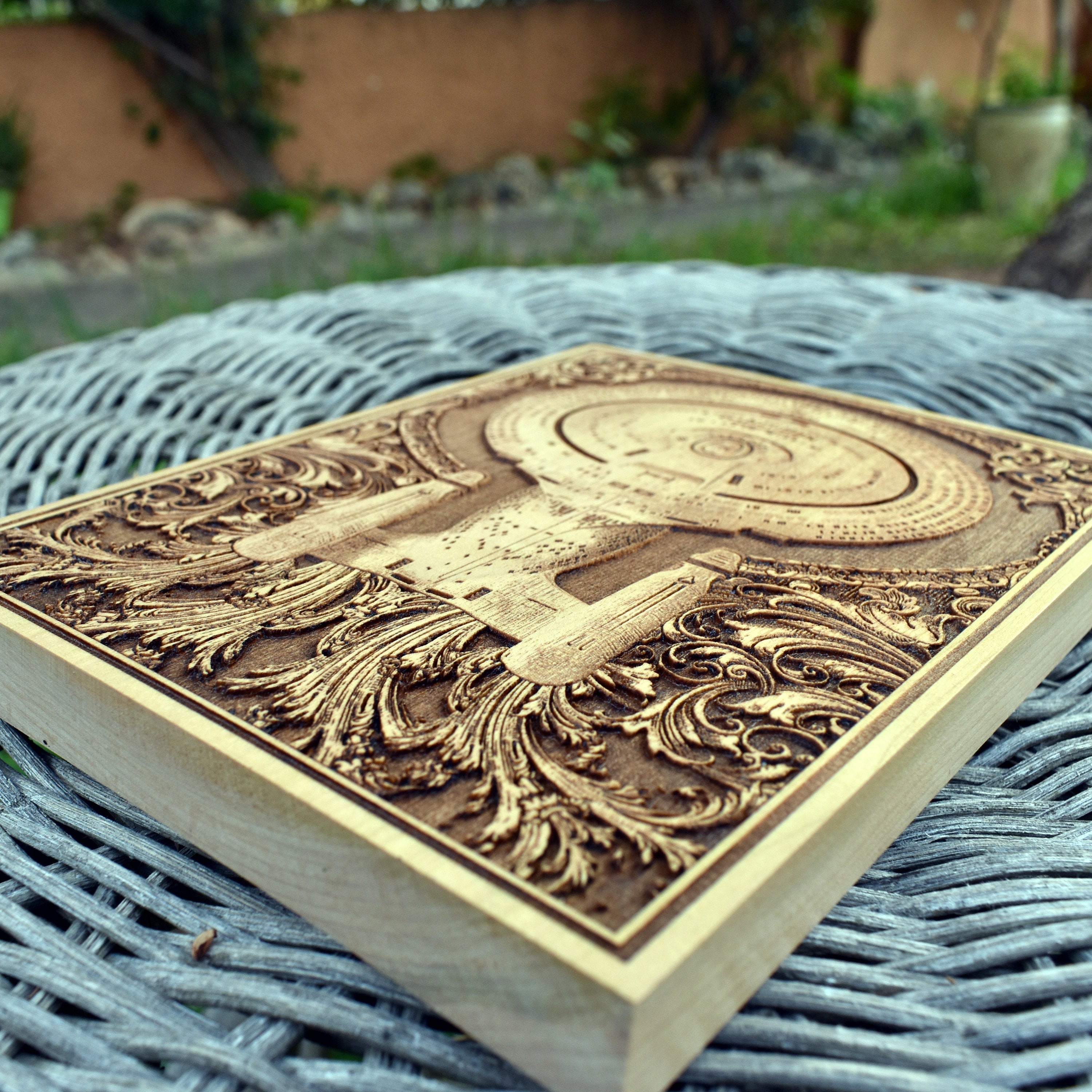 Sci-fi wood engraving of the USS Enterprise from Star Trek saga