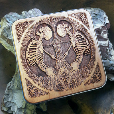 Close-up of detailed hand-painted skeleton design on Human Skeleton dark art wireless charger – Gothic art piece for iPhone & Galaxy