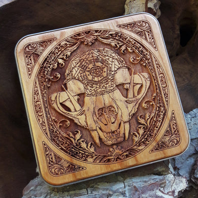 Detailed skull engraving on wood wireless charging desk pad, ideal for lovers of unique handmade tech accessories.