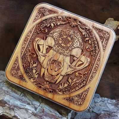 Slim wood wireless charging station featuring intricate engraved art, functional and decorative workspace solution.