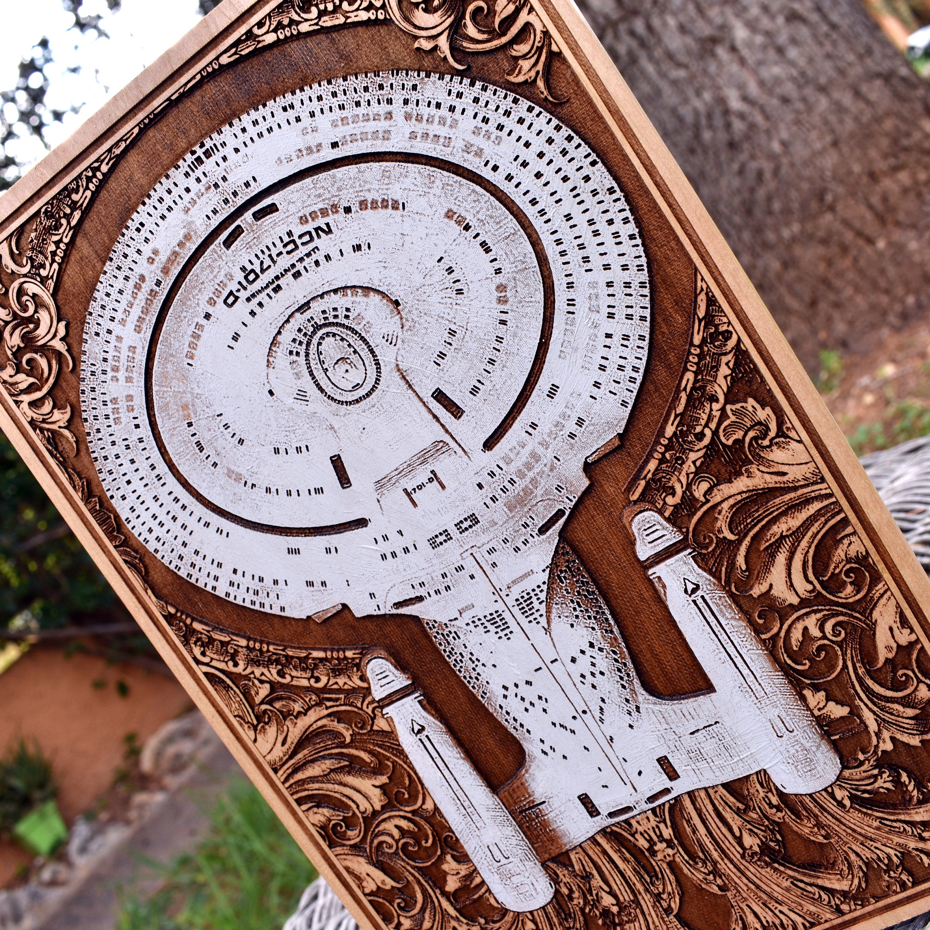 Engraved wooden spaceship wall art, handcrafted sci-fi decor