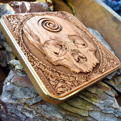 Gothic skull wood wireless charger on dark desk setup, fast charging for Galaxy S25 and iPhone 16, perfect for horror-themed workspaces.