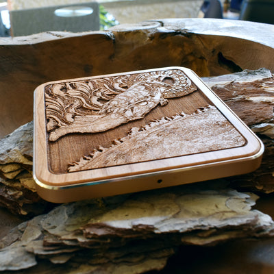 Wood Wireless Charger for iPhone in modern office setting, charging an iPhone with 15W fast charging and eco-friendly wooden design