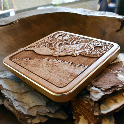 Close-up of Wood Wireless Charger charging iPhone, highlighting the fast 15W wireless charging and elegant wood finish