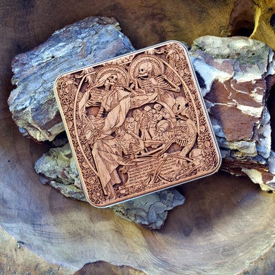 Side view of Human Souls dark art wireless charger – intricate Gothic artwork for iPhone & Galaxy with fast, efficient charging