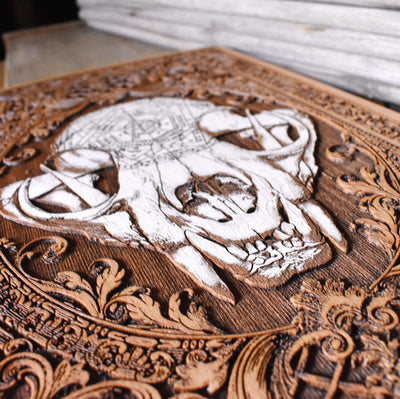 Occult-style cat skull artwork on wood, a perfect gothic or Halloween gift.